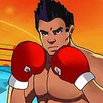 Boxeador animado con guantes rojos y expresión seria, en un ring con fondo anaranjado
