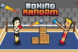 Dos personajes pixelados boxeando en un ring con cajas de madera en el centro y el texto BOXING RANDOM en la parte superior