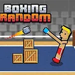 Dos personajes pixelados boxeando en un ring con cajas de madera en el centro y el texto BOXING RANDOM en la parte superior