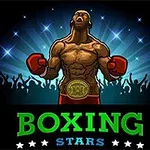 Boxeador musculoso con guantes rojos y cinturón de campeón levantando los brazos frente a una multitud animada, con el texto Boxing Stars en la parte inferior
