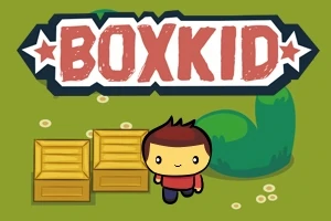 Niño caricaturesco con camiseta roja junto a dos cajas de madera sobre un fondo verde con la palabra BOXKID en la parte superior