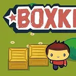 Niño caricaturesco con camiseta roja junto a dos cajas de madera sobre un fondo verde con la palabra BOXKID en la parte superior