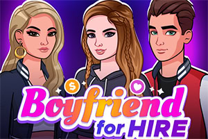 Tres personajes animados, dos mujeres y un hombre, con el título Boyfriend for Hire en colores brillantes sobre un fondo púrpura