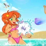 Tres personajes animados divirtiéndose en la playa mientras juegan con globos de agua bajo un cielo despejado