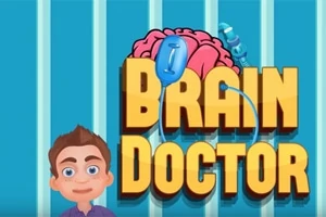Ilustración de un cerebro con una sonda médica en la parte superior, acompañada del texto Brain Doctor en letras grandes, y una caricatura de un personaje al lado