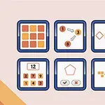 Cuadrícula de seis iconos con símbolos y números en tonos anaranjados y azules