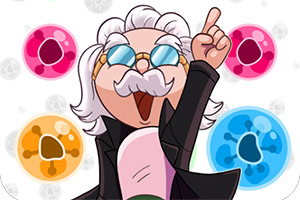 Personaje animado con cabello blanco y gafas, levantando un dedo, rodeado de burbujas de colores