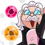 Personaje animado con cabello blanco y gafas, levantando un dedo, rodeado de burbujas de colores