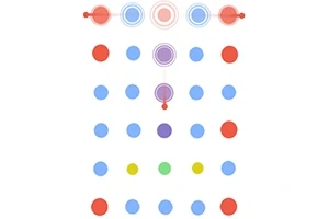 Puntos de colores dispuestos en líneas, con círculos concéntricos en la parte superior central de la imagen