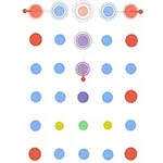 Puntos de colores dispuestos en líneas, con círculos concéntricos en la parte superior central de la imagen