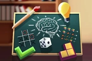 Pizarra con un cerebro dibujado, acompañado de un lápiz, un foco, un dado, figuras geométricas de colores y símbolos matemáticos