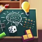 Pizarra con un cerebro dibujado, acompañado de un lápiz, un foco, un dado, figuras geométricas de colores y símbolos matemáticos