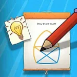 Un lápiz grande sobre un cuaderno con un dibujo geométrico compuesto por líneas de color azul y amarillo, acompañado de una nota adhesiva con un dibujo de una bombilla sobre un fondo azul