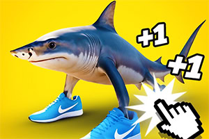 Un tiburón con piernas humanas usando tenis azules y un cursor haciendo clic cerca, con símbolos de +1 flotando