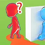 Dos personajes de colores rojo y azul interactúan alrededor de una pared blanca en un entorno verde
