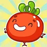 Personaje de tomate rojo sonriente con hojas verdes y fondo de rayos amarillos y estrellas