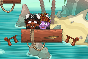 Dos personajes vestidos como piratas sobre una plataforma de madera en un paisaje de isla con agua y rocas al fondo