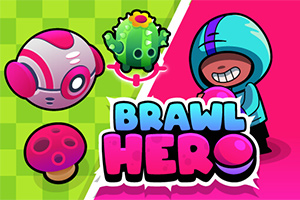 Dibujo colorido con un personaje con capucha azul, una criatura verde similar a un cactus, un seta rosa y el texto BRAWL HERO