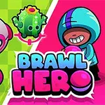 Dibujo colorido con un personaje con capucha azul, una criatura verde similar a un cactus, un seta rosa y el texto BRAWL HERO