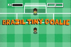 Dos personajes animados en un campo de fútbol con el texto Brazil Tiny Goalie en letras grandes naranjas