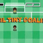 Dos personajes animados en un campo de fútbol con el texto Brazil Tiny Goalie en letras grandes naranjas