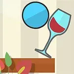 Copa de vino azul inclinada junto a un círculo azul sobre una repisa, con decoración de hojas en el fondo