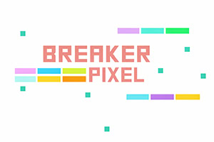 Texto pixelado que dice BREAKER PIXEL sobre fondo blanco, con barras rectangulares de colores y pequeños cuadros dispersos alrededor