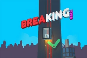 Elevador cayendo por un edificio alto con la palabra BREAKING en letras grandes y un fondo de ciudad al amanecer