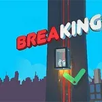 Elevador cayendo por un edificio alto con la palabra BREAKING en letras grandes y un fondo de ciudad al amanecer