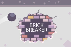 Una pelota oscura rompe un muro de ladrillos pastel con las palabras Brick Breaker en el centro