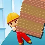 Personaje animado con casco amarillo cargando tablones en un entorno azul claro