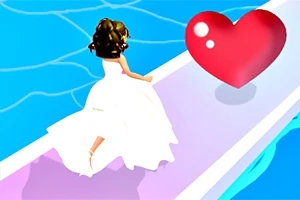 Mujer vestida de blanco corriendo hacia un corazón rojo en un camino sobre agua