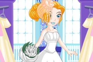 Persona animada con vestido de novia blanco, ramo de flores y peinado elegante frente a dos vestidores
