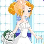 Persona animada con vestido de novia blanco, ramo de flores y peinado elegante frente a dos vestidores
