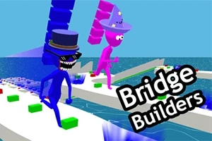 Dos figuras de colores brillantes llevan sombreros mientras corren sobre puentes flotantes encima del agua en un entorno de caricatura