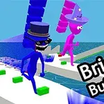Dos figuras de colores brillantes llevan sombreros mientras corren sobre puentes flotantes encima del agua en un entorno de caricatura