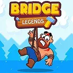 Un personaje de dibujos animados colgando de un letrero con el texto Bridge Legends sobre un fondo de montañas y árboles azules