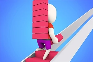 Un personaje con un conjunto de bloques rosados apilados sube una escalera inclinada