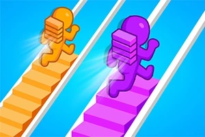 Dos figuras humanoides, una naranja y otra morada, cargan bloques mientras suben escaleras de sus respectivos colores sobre un fondo azul
