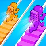 Dos figuras humanoides, una naranja y otra morada, cargan bloques mientras suben escaleras de sus respectivos colores sobre un fondo azul