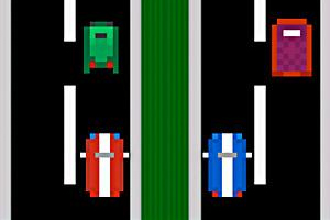 Carros pixelados de colores rojo, azul, verde y morado circulando en una carretera de dos carriles con una franja central verde