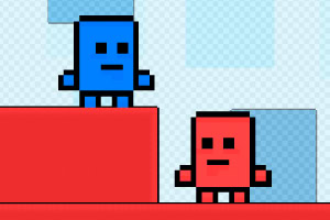 Dos personajes pixelados, uno azul y otro rojo, sobre plataformas de colores en un entorno de fondo cuadriculado