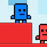 Dos personajes pixelados, uno azul y otro rojo, sobre plataformas de colores en un entorno de fondo cuadriculado