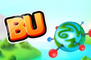 Texto BU en negrita junto a un orbe azul y verde con conectores rojos contra un fondo colorido y natural
