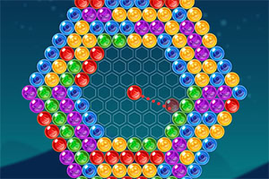 Círculos de colores brillantes dispuestos en un patrón hexagonal sobre un fondo oscuro con un objetivo en el centro