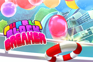 Globos de colores brillantes flotan sobre un fondo vibrante con un aro salvavidas rojo y blanco en primer plano