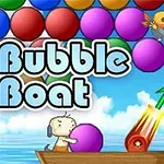 Personaje en un bote disparando bolas de colores hacia un grupo de burbujas en el cielo bajo un cielo azul con nubes