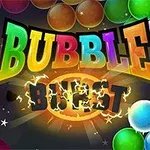 Título colorido que dice Bubble Burst rodeado de burbujas multicolores y destellos