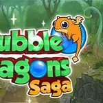 Título colorido Bubble Dragons Saga con un pequeño dragón naranja sobre una esfera azul en un entorno de bosque