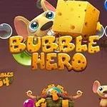 Ratón caricaturesco sosteniendo un queso grande rodeado de burbujas azules, con el texto Bubble Hero en el centro